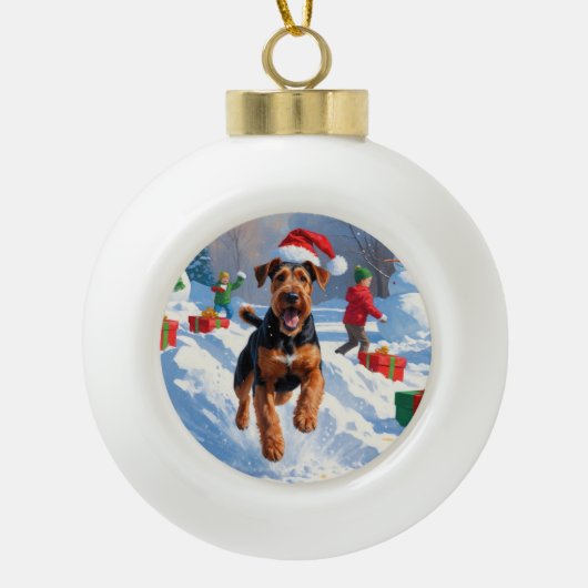 Airedale Kerstfeest Sneeuwscène Keramische Bal Ornament (Voorkant)