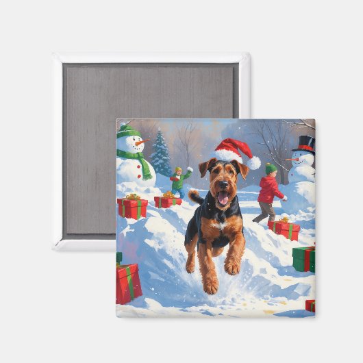 Airedale Kerstfeest Sneeuwscène Magneet (Voorkant / Achterkant)