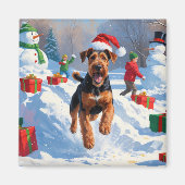 Airedale Kerstfeest Sneeuwscène Magneet (Voorkant)