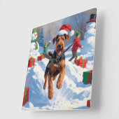 Airedale Kerstfeest Sneeuwscène Vierkante Klok (Hoek)