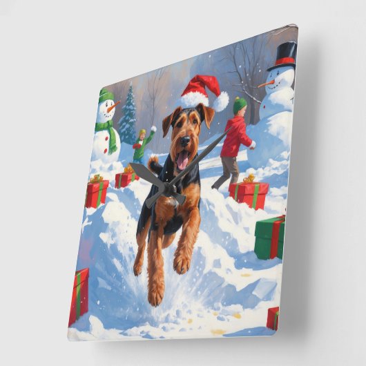 Airedale Kerstfeest Sneeuwscène Vierkante Klok (Hoek)