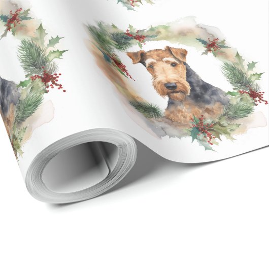 Airedale Kerstkrans Feestelijke Pup Cadeaupapier (Rol Hoek)