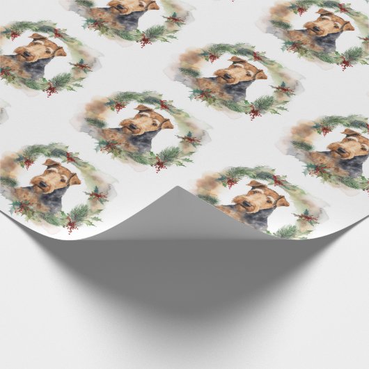 Airedale Kerstkrans Feestelijke Pup Cadeaupapier (Hoek)