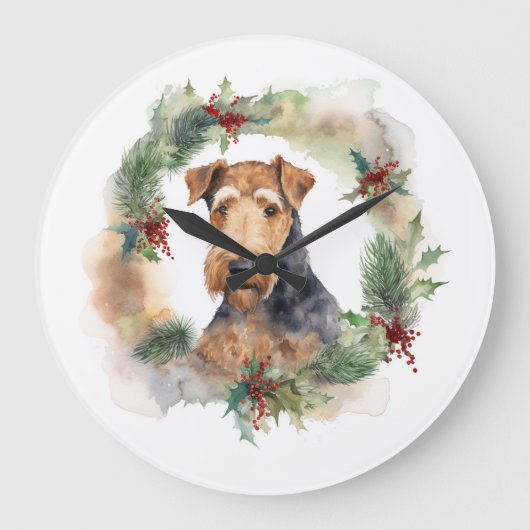 Airedale Kerstkrans Feestelijke Pup Grote Klok (Voorkant)