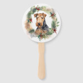 Airedale Kerstkrans Feestelijke Pup Handwaaier (Voorkant)