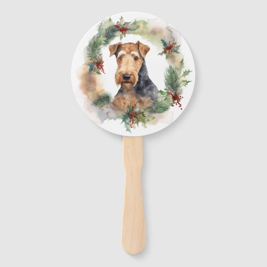 Airedale Kerstkrans Feestelijke Pup Handwaaier (Voorkant)