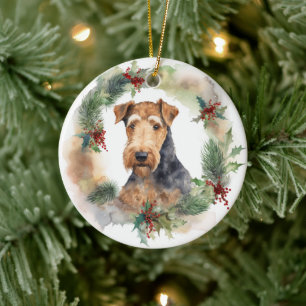 Airedale Kerstkrans Feestelijke Pup Keramisch Ornament