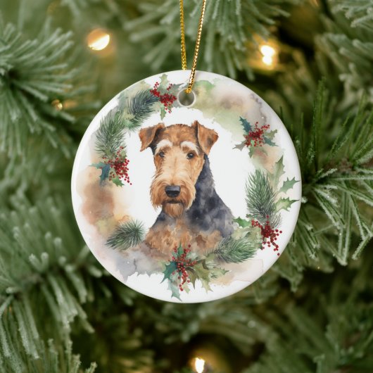 Airedale Kerstkrans Feestelijke Pup Keramisch Ornament (Boom)