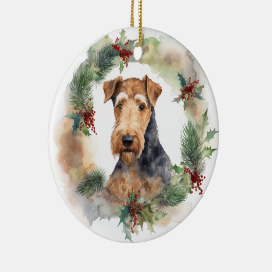 Airedale Kerstkrans Feestelijke Pup Keramisch Ornament (Rechts)