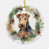 Airedale Kerstkrans Feestelijke Pup Keramisch Ornament (Voorkant)