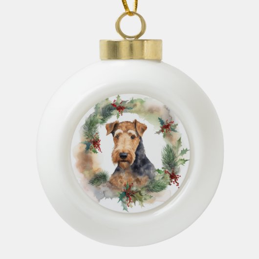 Airedale Kerstkrans Feestelijke Pup Keramische Bal Ornament (Voorkant)