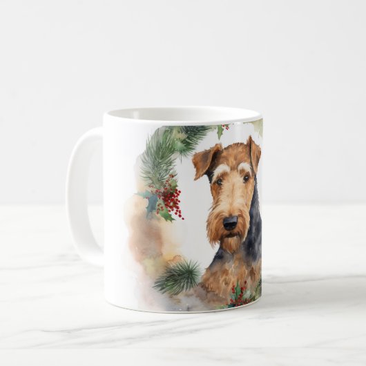 Airedale Kerstkrans Feestelijke Pup Koffiemok (Voorkant links)