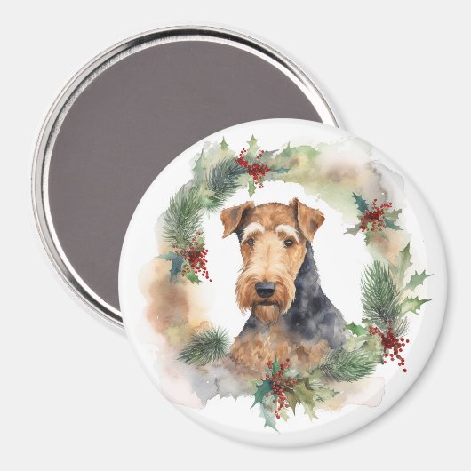 Airedale Kerstkrans Feestelijke Pup Magneet (Voorkant / Achterkant)