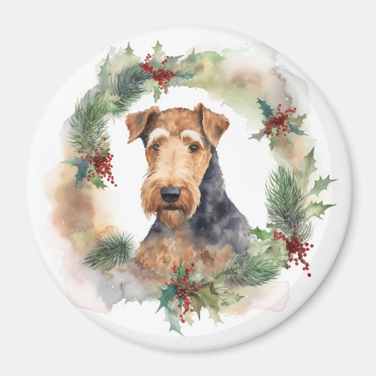 Airedale Kerstkrans Feestelijke Pup Magneet (Voorkant)