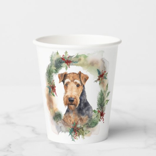 Airedale Kerstkrans Feestelijke Pup Papieren Bekers (Voorkant)