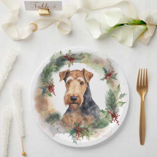 Airedale Kerstkrans Feestelijke Pup Papieren Bordje (Huwelijk)