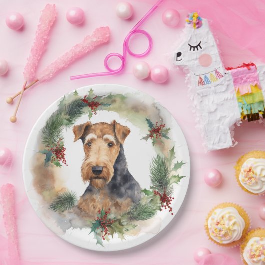 Airedale Kerstkrans Feestelijke Pup Papieren Bordje (Feest)