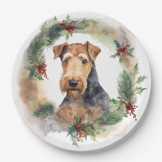 Airedale Kerstkrans Feestelijke Pup Papieren Bordje (Voorkant)