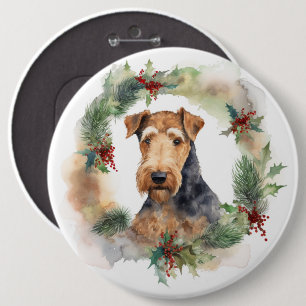 Airedale Kerstkrans Feestelijke Pup Ronde Button 6,0 Cm