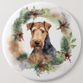 Airedale Kerstkrans Feestelijke Pup Ronde Button 6,0 Cm (Voorkant)