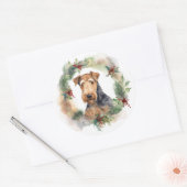 Airedale Kerstkrans Feestelijke Pup Ronde Sticker (Envelop)