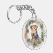 Airedale Kerstkrans Feestelijke Pup Sleutelhanger (Voorkant Links)