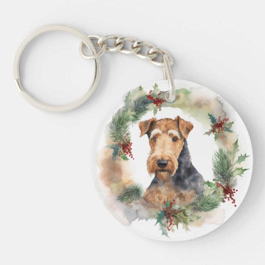 Airedale Kerstkrans Feestelijke Pup Sleutelhanger (Voorkant)