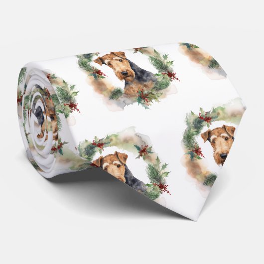 Airedale Kerstkrans Feestelijke Pup Stropdas (Opgerold)