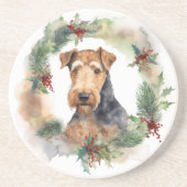 Airedale Kerstkrans Feestelijke Pup Zandsteen Onderzetter (Voorkant)