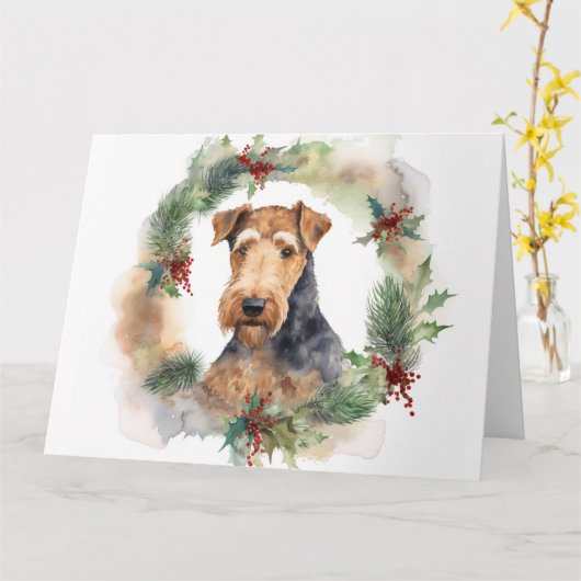 Airedale Kerstkrans Festieve Pup Kaart (Gele Bloem)