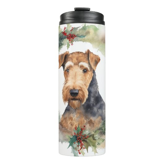 Airedale Kerstkrans Festieve Pup Thermosbeker (Voorkant)