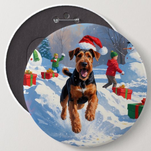 Airedale Kerstmis Festieve Sneeuw Scene Ronde Button 6,0 Cm (Voorkant /achterkant)
