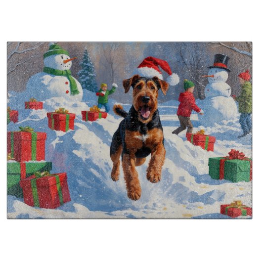 Airedale Kerstmis Festieve Sneeuw Scene Snijplank (Voorkant)