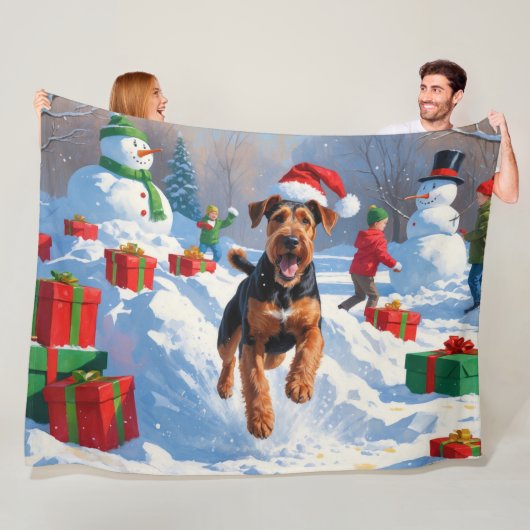Airedale Kerstmis Festieve Sneeuwscène Fleece Deken (In situ)