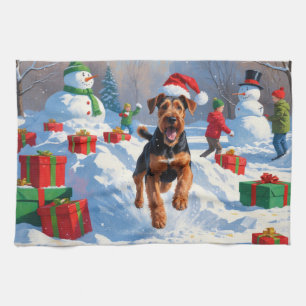 Airedale Kerstmis Festieve Sneeuwscène Theedoek