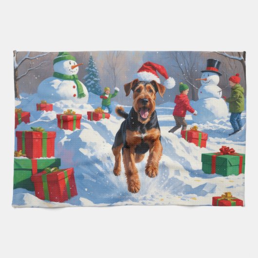 Airedale Kerstmis Festieve Sneeuwscène Theedoek (Horizontaal)