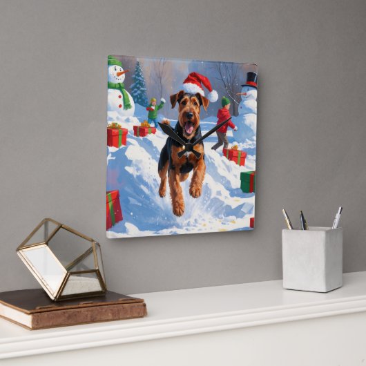 Airedale Kerstmis Festieve Sneeuwscène Vierkante Klok (Kantoor)