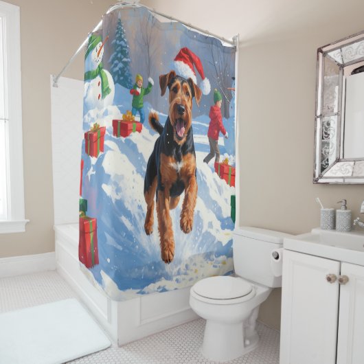 Airedale Kerstmis Sneeuwlandschap Douchegordijn (In situ)