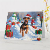 Airedale Kerstmis Sneeuwlandschap Kaart (Gele Bloem)