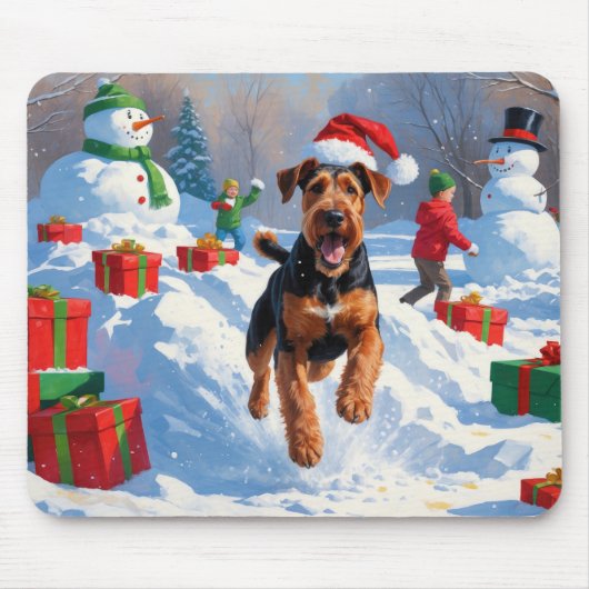 Airedale Kerstmis Sneeuwlandschap Muismat (Voorkant)
