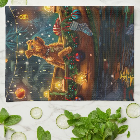 Airedale kerstvakantie theedoek (Gevouwen)