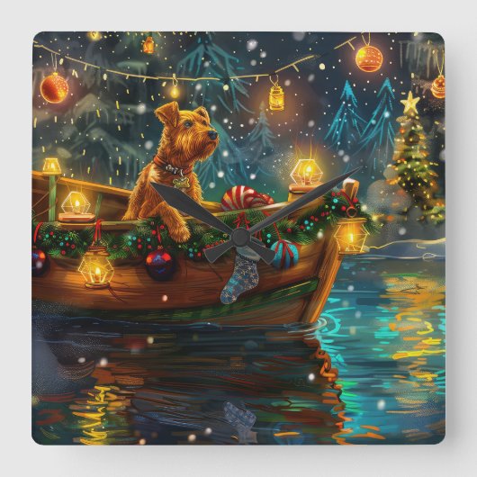 Airedale kerstvakantie vierkante klok (Voorkant)