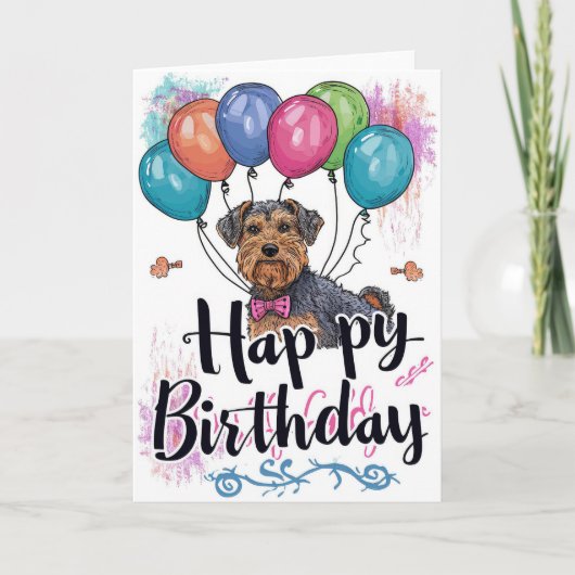 Airedale met Ballonnen Verjaardag Kaart (Voorkant)