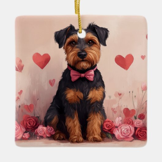 Airedale met Rozen - Valentijnsdag Keramisch Ornament (Voorkant)