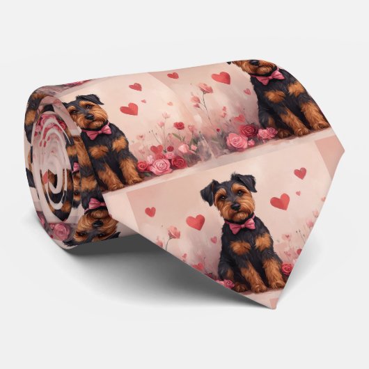 Airedale met Rozen - Valentijnsdag Stropdas (Opgerold)