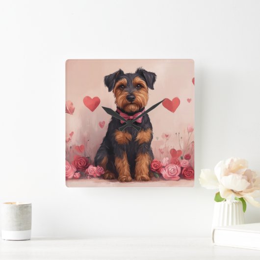 Airedale met Rozen - Valentijnsdag Vierkante Klok (Huis)