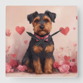 Airedale met Rozen - Valentijnsdag Vierkante Klok (Voorkant)