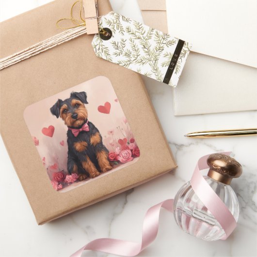 Airedale met Rozen - Valentijnsdag Vierkante Sticker (Geschenken)
