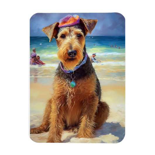 Airedale op strand, zomercadeau voor hondenliefheb magneet (Verticaal)