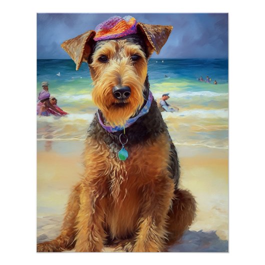 Airedale op strand, zomercadeau voor hondenliefheb perfect poster (Voorkant)